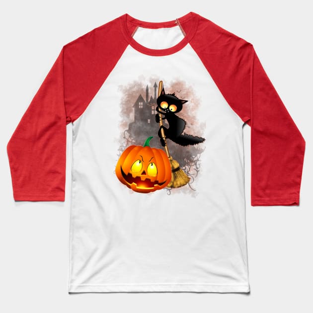 Cat Fun Halloween Character scared by a Pumpkin Baseball T-Shirt by BluedarkArt